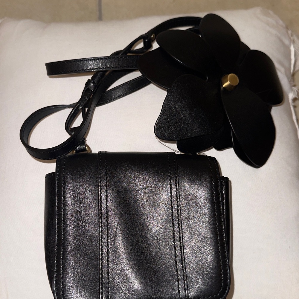 Reiss Black Leather Crossbody Bag with Floral Accent